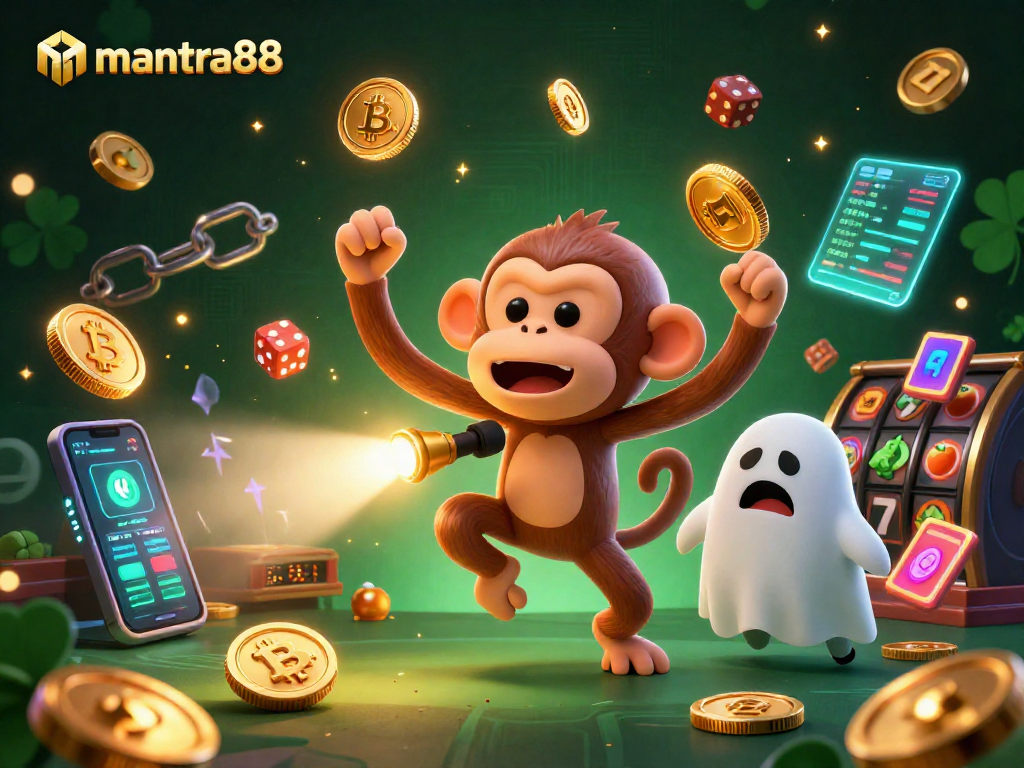 Experience thrilling gameplay with mantra88's poltergeist monkey juggling golden casino treasures.