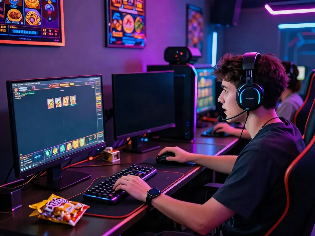Excited gamer experiencing สล็อตเว็บตรง online gaming with vibrant visuals and multiple slot game displays.