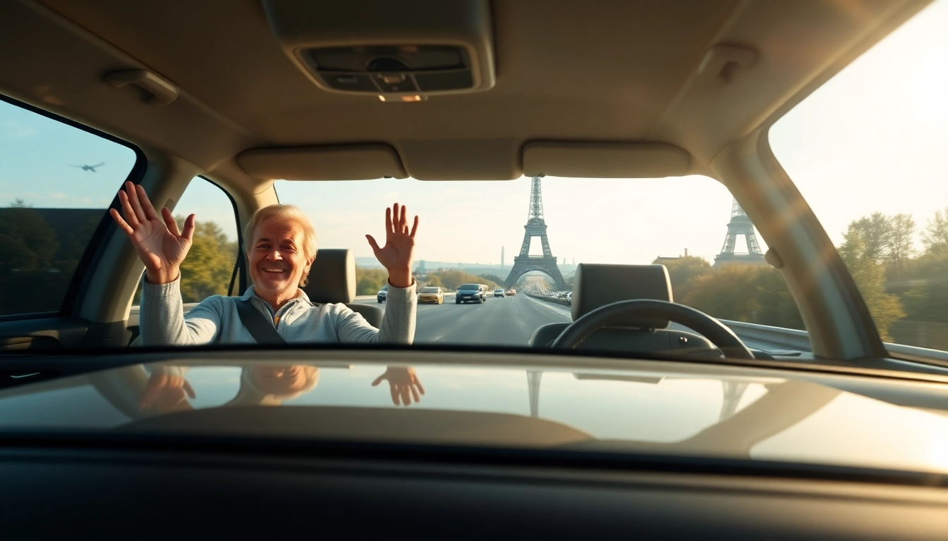 Family enjoying their Orly Airport to Paris Transfer in a luxurious vehicle against the Paris skyline.