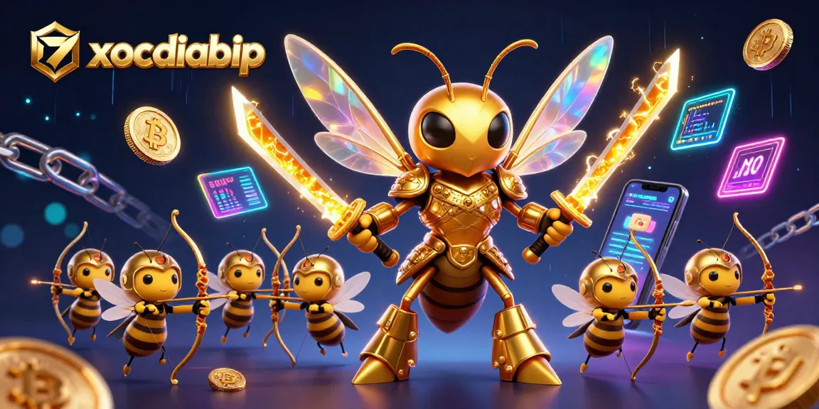 Play to win at xocdiabip with dynamic 3D illustration featuring crypto-themed elements.