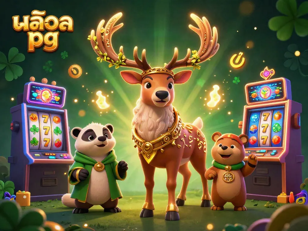 Engage with สล็อต pg casino games featuring a druid stag and glowing elements in an enchanting casino setup.