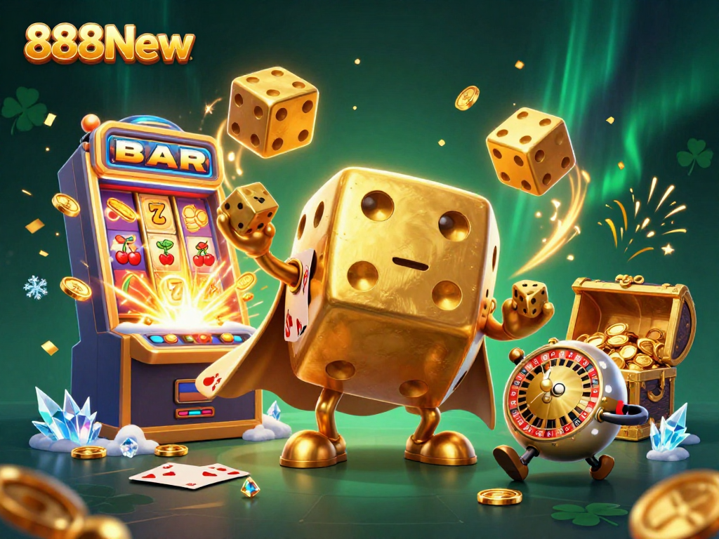 Engage with exciting slots and gaming action at 888New, featuring dynamic casino illustrations.