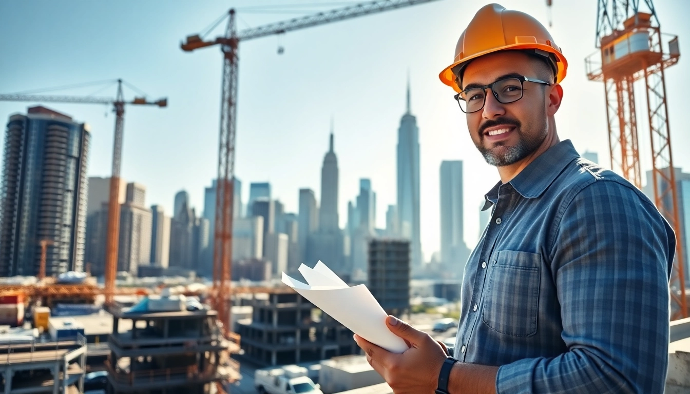 A New York Construction Manager leading a project with blueprints at a busy site.