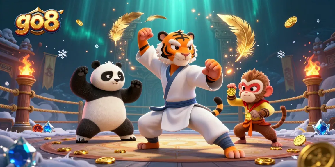 Engage with go8 for immersive gaming, featuring a kung fu tiger master and a panda in a vibrant casino scene.