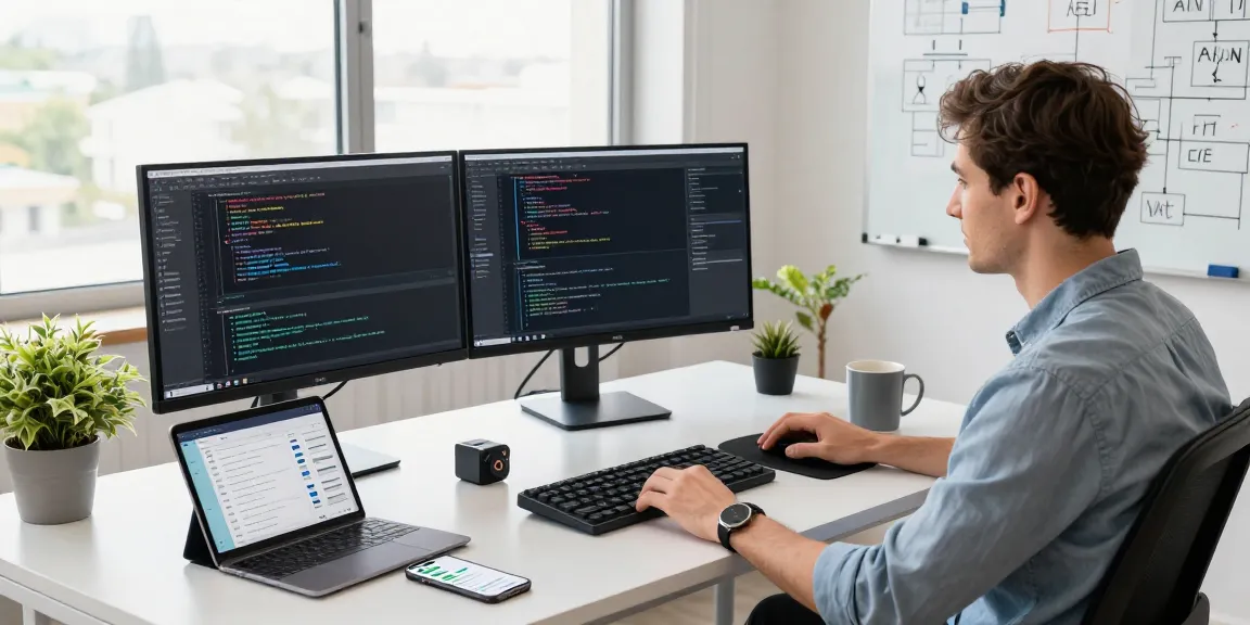 Build internal tools with AI in a modern developer workspace featuring dual monitors, coding, and project management.