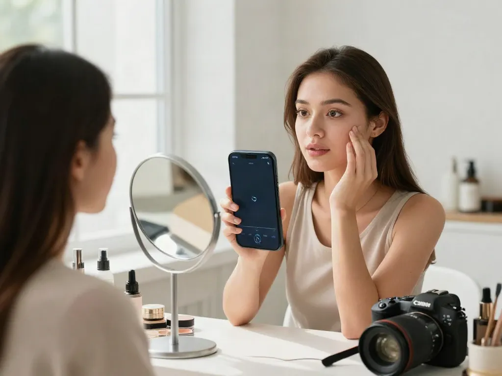 Exploring alternatives to QOVES through AI facial analysis app in a bright beauty workspace.