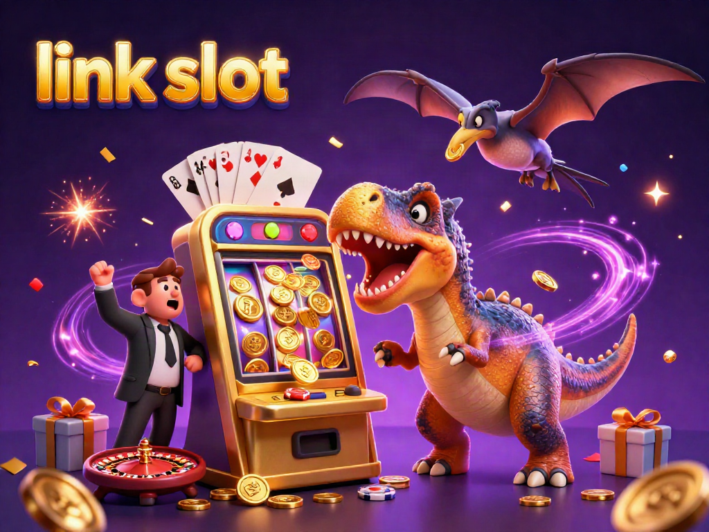 Experience link slot excitement as characters interact with a colorful slot machine and flying coins.