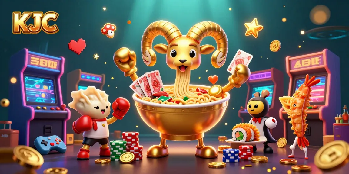 Experience vibrant gaming action with KJC, where the golden ramen bowl deals cards in a lively casino scene.