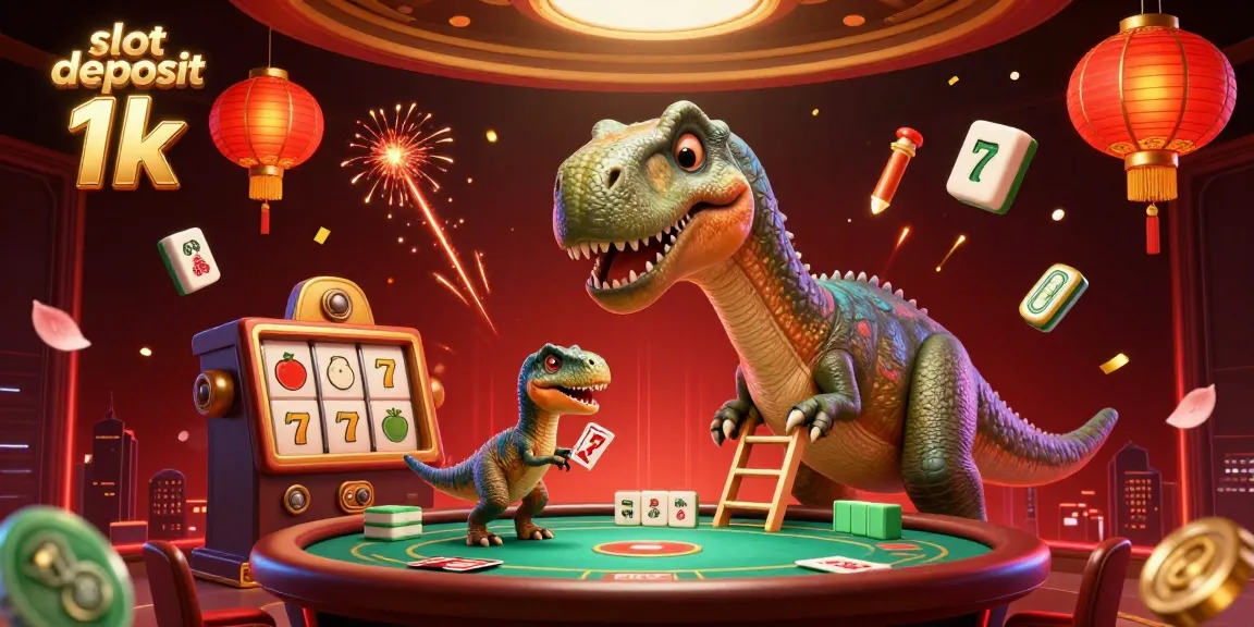 Slot deposit 1k: Brontosaurus raksasa di kasino menggoda pemain dengan kartu dan kolam permainan.
