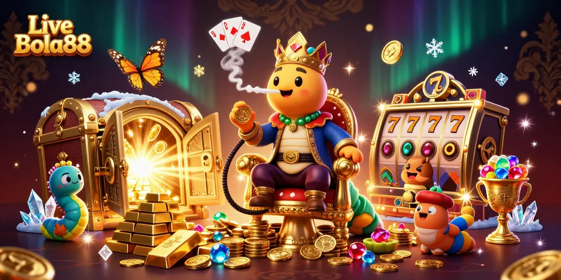 Experience Live Bola88 excitement with a vibrant 3D casino illustration featuring jackpots and rich treasures.