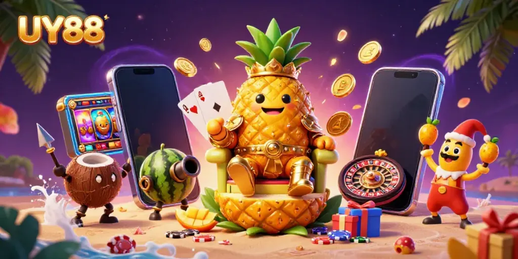 Experience the vibrant casino adventures at UY88 with tropical-themed characters and exciting game elements.
