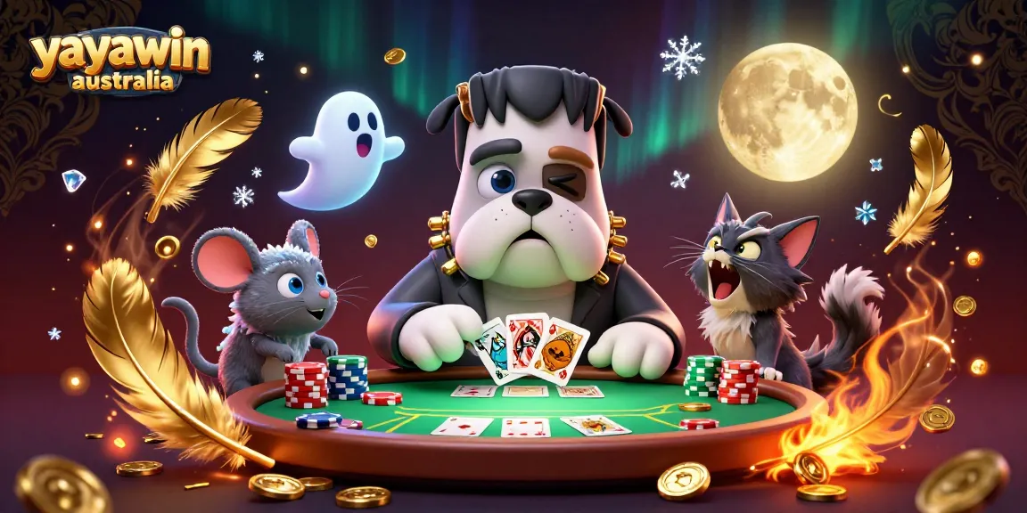 Experience thrilling card games at yayawin australia with Frankenstein bulldog and ghost mouse.