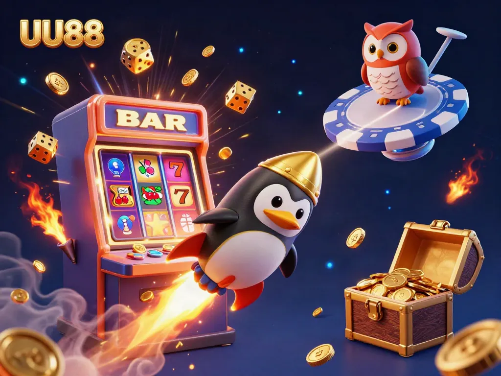 Experience the excitement of UU88 as a golden penguin rockets through a cosmic gameplay scene bursting with casino elements.