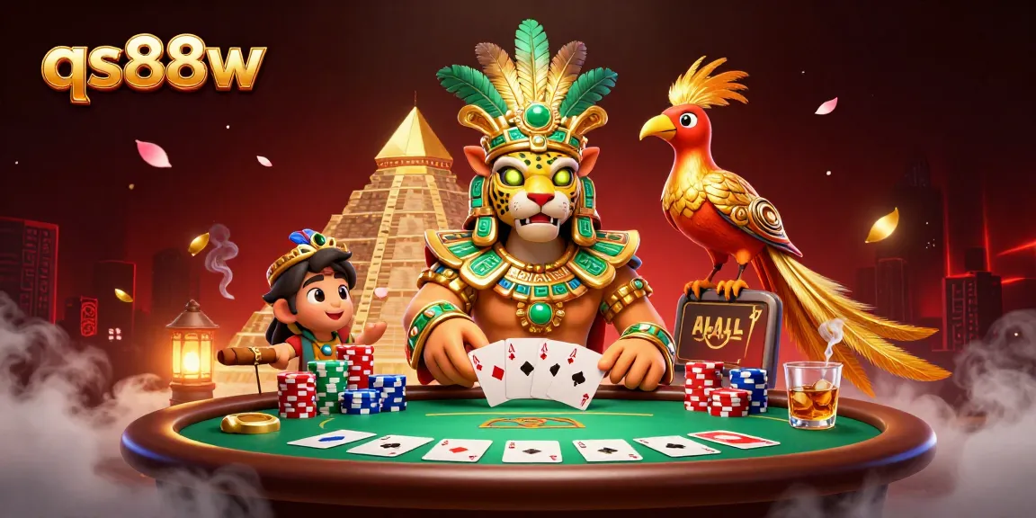 Engage with qs88w in a thrilling poker scene featuring a Mayan priest and exotic quetzal bird.