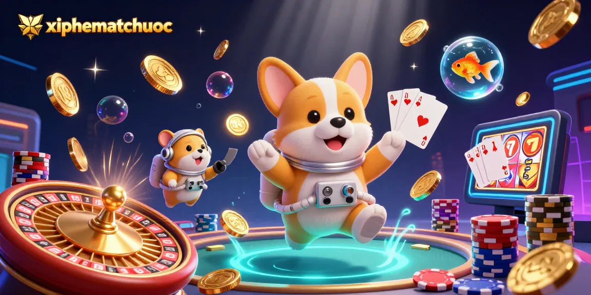 Experience exciting gameplay with xiphematchuoc as a corgi draws chips in a colorful space casino.