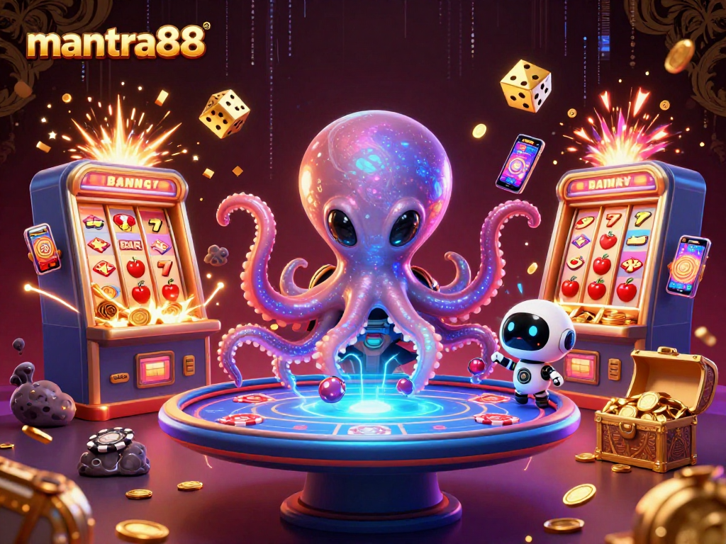 Experience the thrill of mantra88 casino with a cartoon octopus and robot at an energetic poker table.