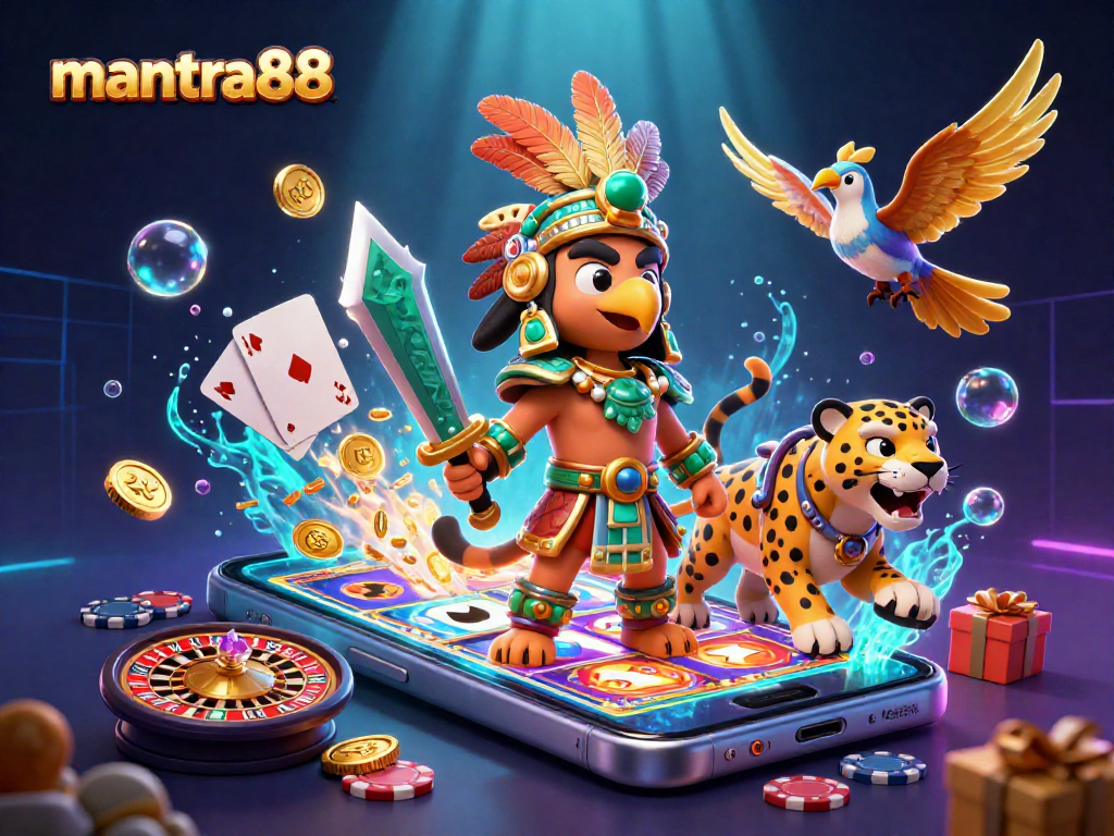 Experience the thrill of mantra88 with a rich scene of Aztec warriors and slot game excitement.