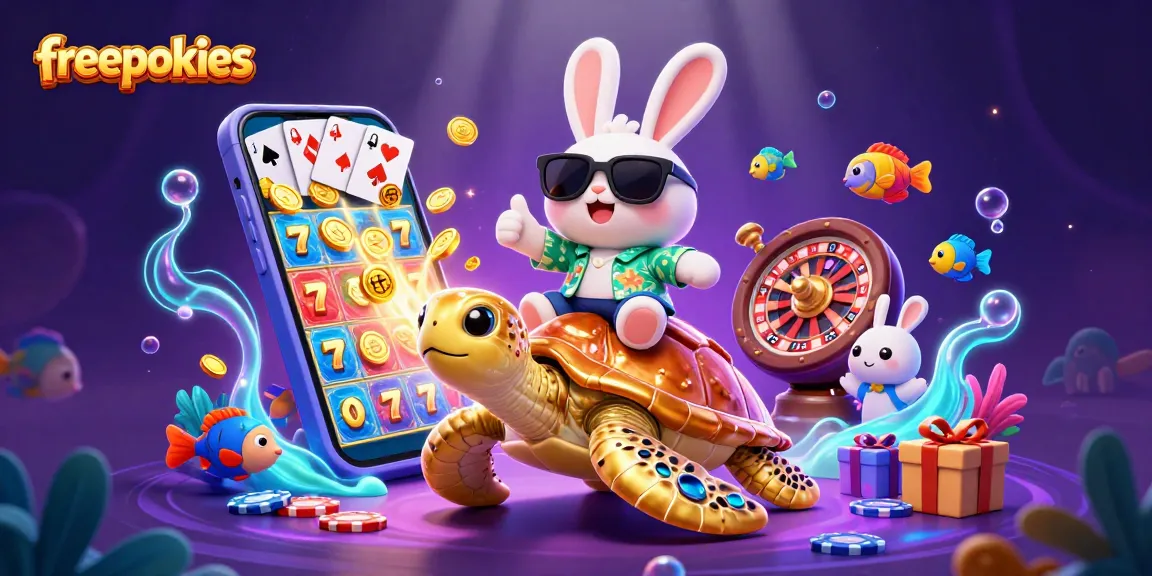 Play freepokies with a lucky rabbit and golden sea turtle in a vibrant casino scene.