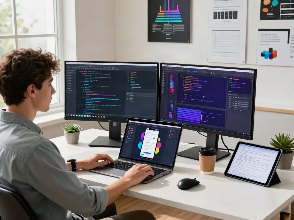 Dynamic workspace showcasing a developer engaged in pikashow apk download tasks with dual monitors and coffee.