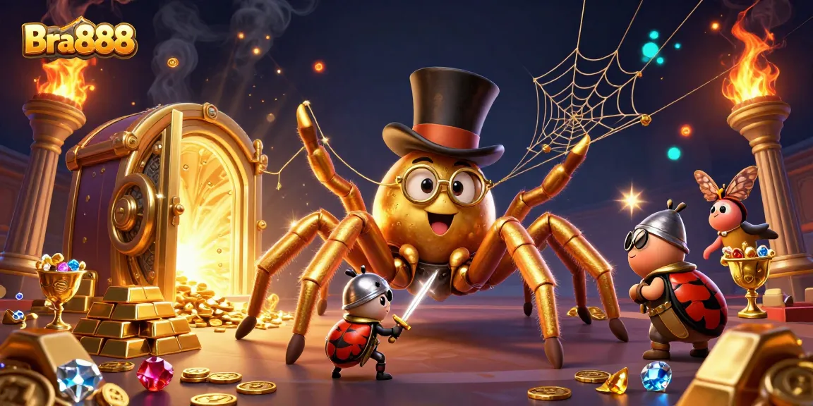 Experience the thrilling atmosphere of Bra888 with a golden tarantula and knight in a captivating casino scene.