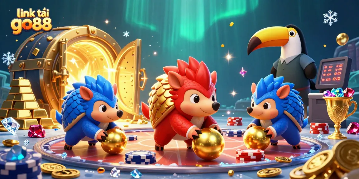 Experience thrilling gameplay with link tải go88, as pangolins compete in a vibrant casino setting surrounded by treasures.