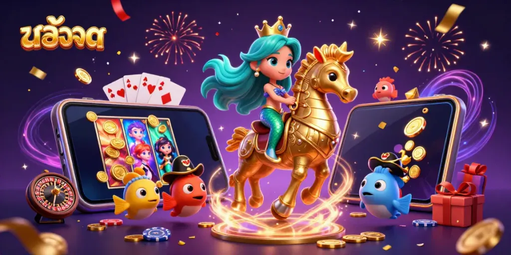 Experience exciting สล็อต gameplay with a dazzling mermaid riding a golden seahorse amidst colorful casino elements.