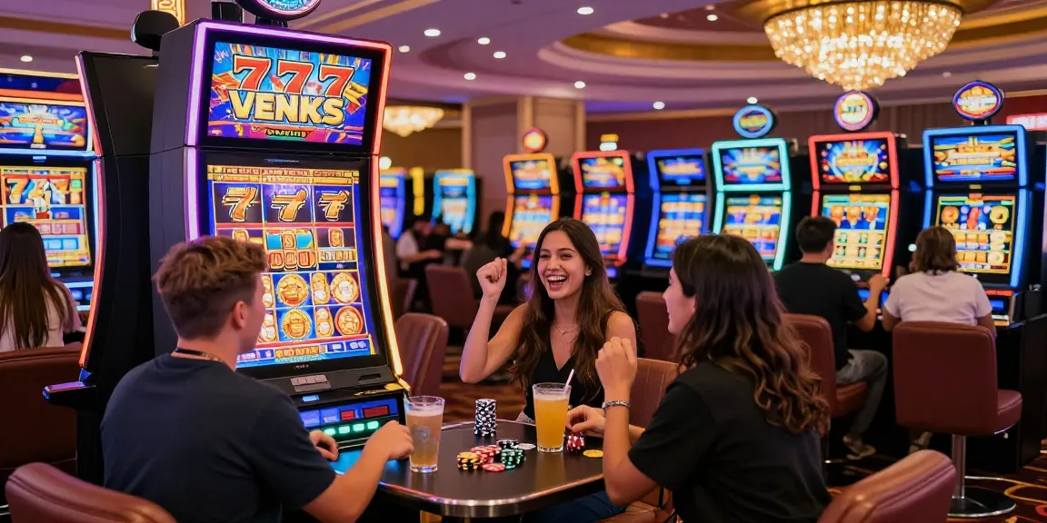 Players celebrating a win on the 777 slot machine in a vibrant casino, showcasing excitement and joy.