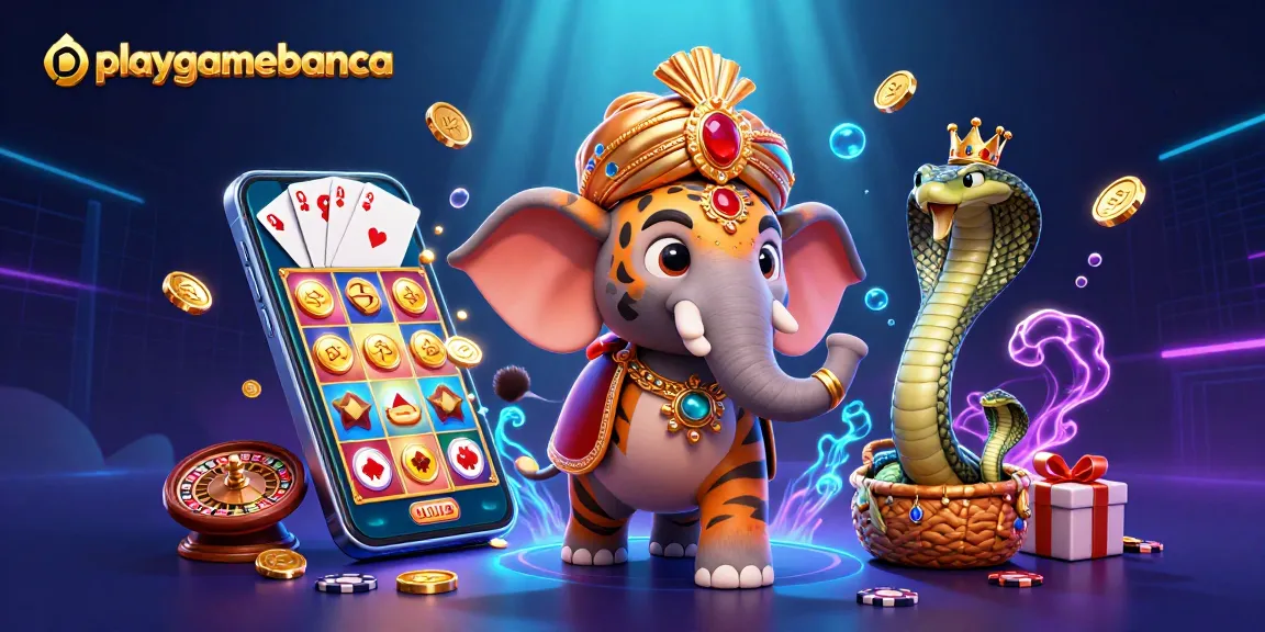 Playgamebanca's vibrant 3D casino scene features a maharaja tiger and a cobra among spinning slots and chips.