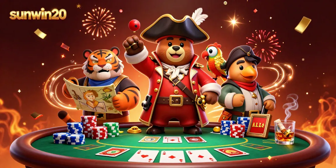 Join sunwin20 at a vibrant poker scene with colorful chips and jubilant characters.
