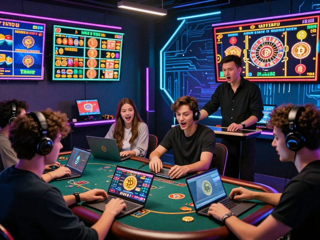 Exciting crypto casino scene with players engaged in vibrant online games