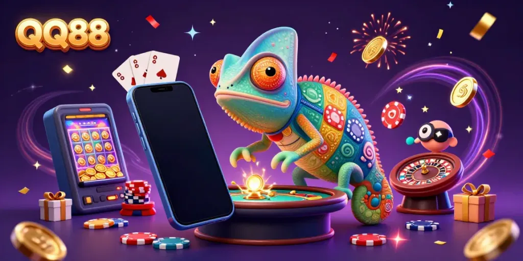 Experience the vibrant world of QQ88 with a colorful casino scene showcasing a chameleon owner and gaming elements.