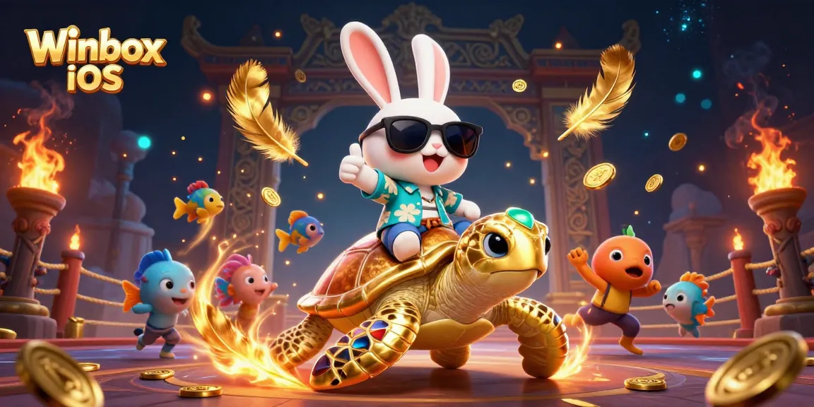 Play Winbox iOS mobile app showcasing fun features with a lucky rabbit and turtle in exciting gaming scene.