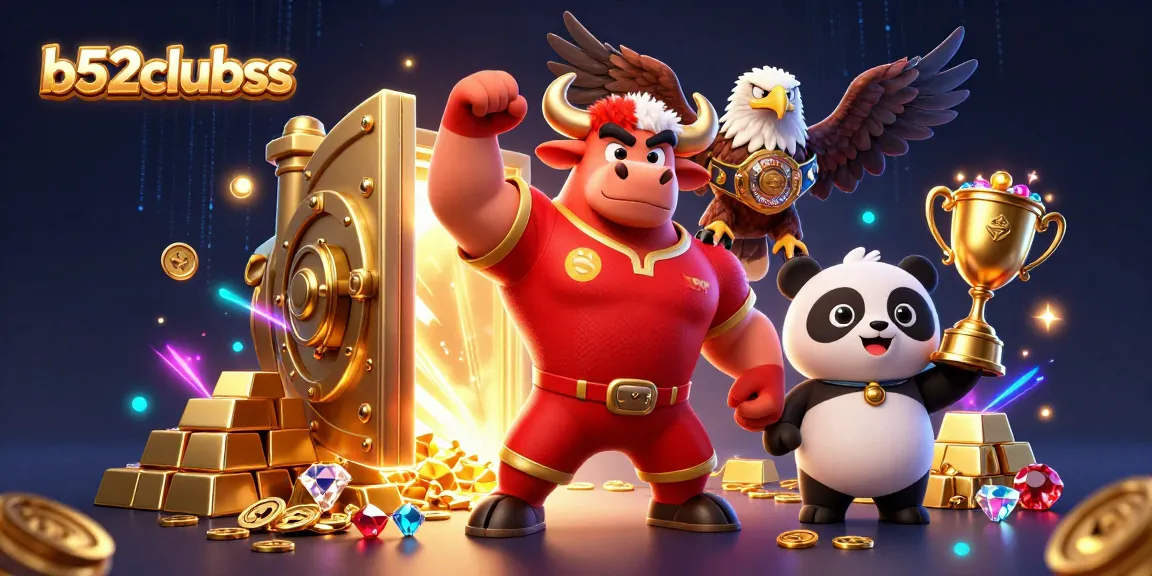 B52clubss features an engaging scene with a bull mascot, eagle, and panda celebrating casino wins.