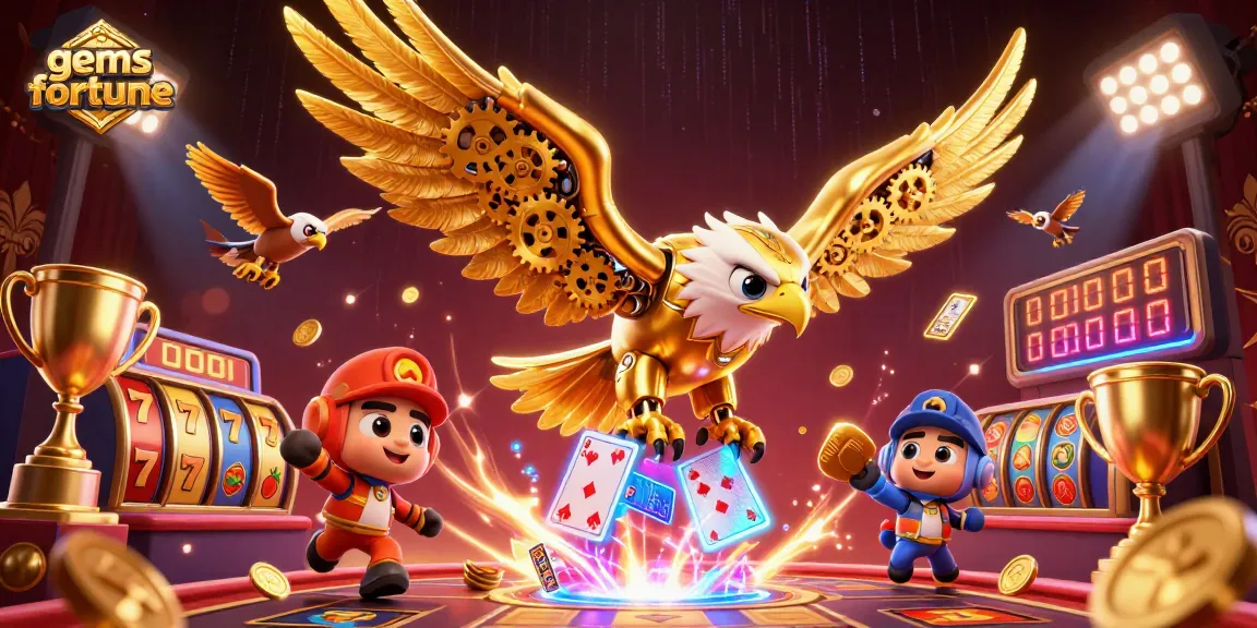 Experience the excitement of gems-fortune with golden eagle diving through holographic cards.
