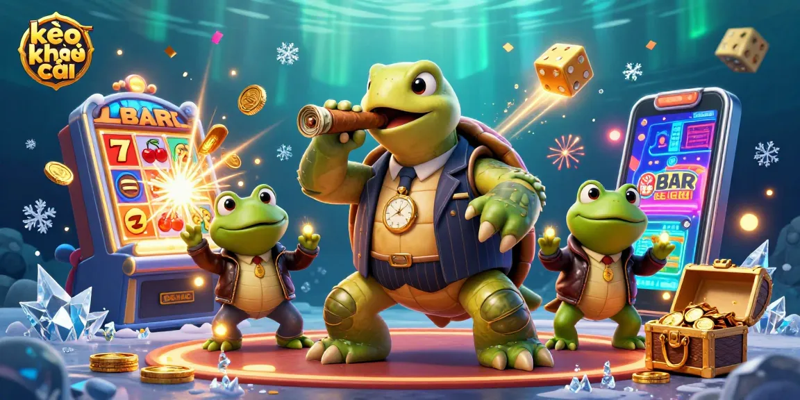 Experience the excitement of kèo nhà cái with a vibrant scene featuring a massive turtle in a mobster suit and fireflies lighting the casino floor.