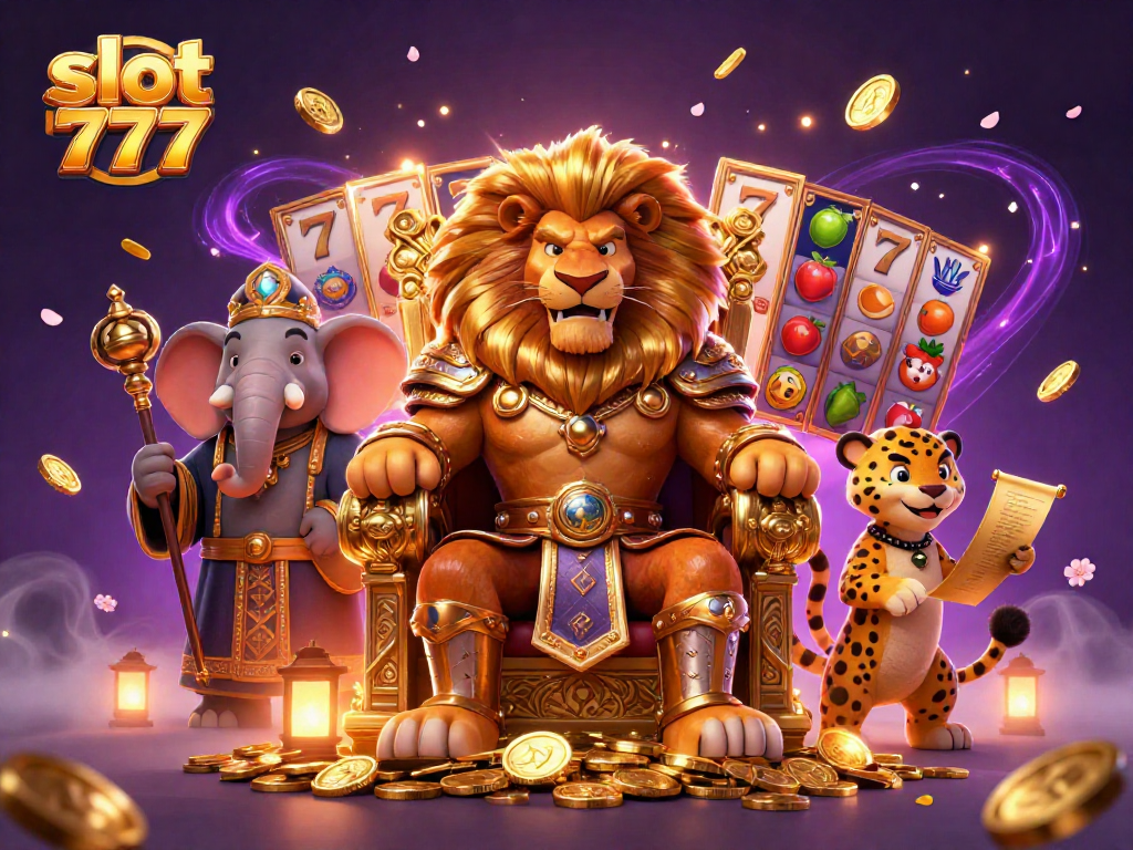 Spin the reels of slot 777 with a lion king, vibrant colors, and dynamic golden coins.