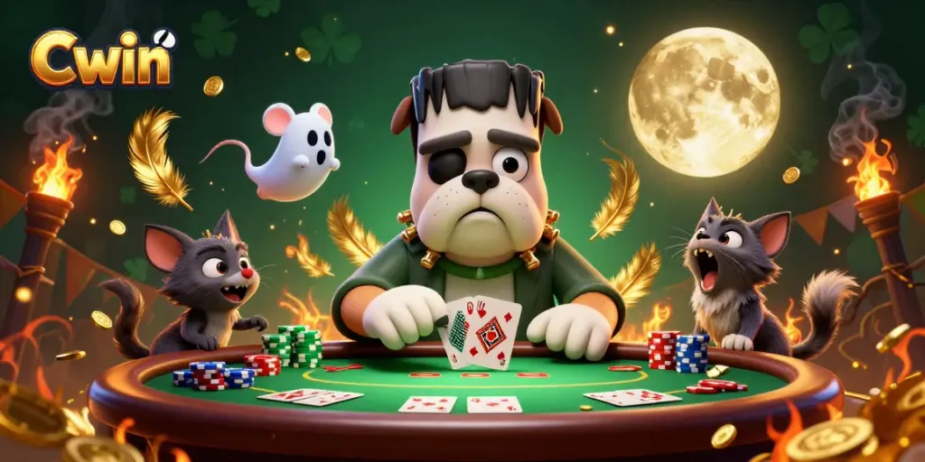 Experience thrilling poker action with Cwin's characters amidst a haunted casino setting.
