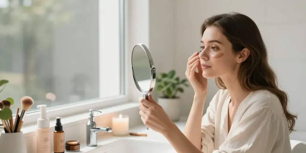 Augenringe abdecken mit Concealer in einem modernen Badezimmer