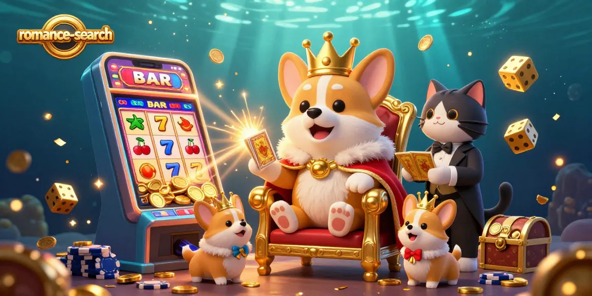 Experience thrilling wins with romance-search as regal corgis reign over a vibrant casino scene.