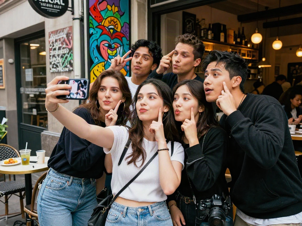 Group of friends using a celebrities look alike app in a vibrant urban café setting