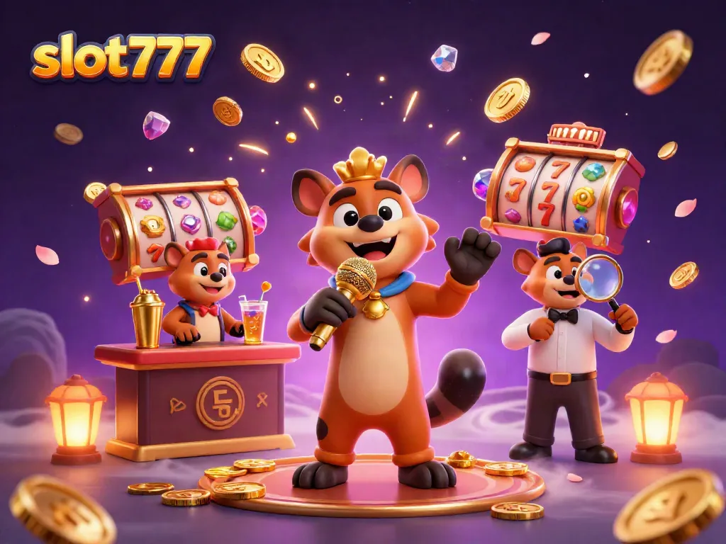 Permainan slot777 dengan karakter hyena lucu dalam suasana kasino yang ramai.