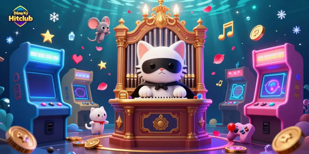 Engage with Đăng Ký Hitclub in an enchanting casino setting featuring a phantom cat and acrobatic mouse.