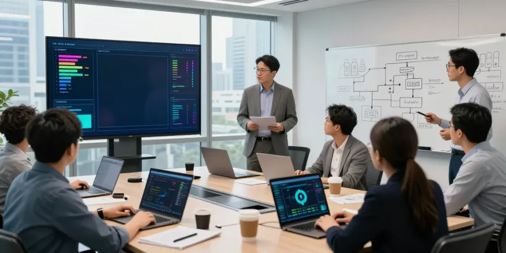 Engaged team discussing cybersecurity solutions in a modern conference room.