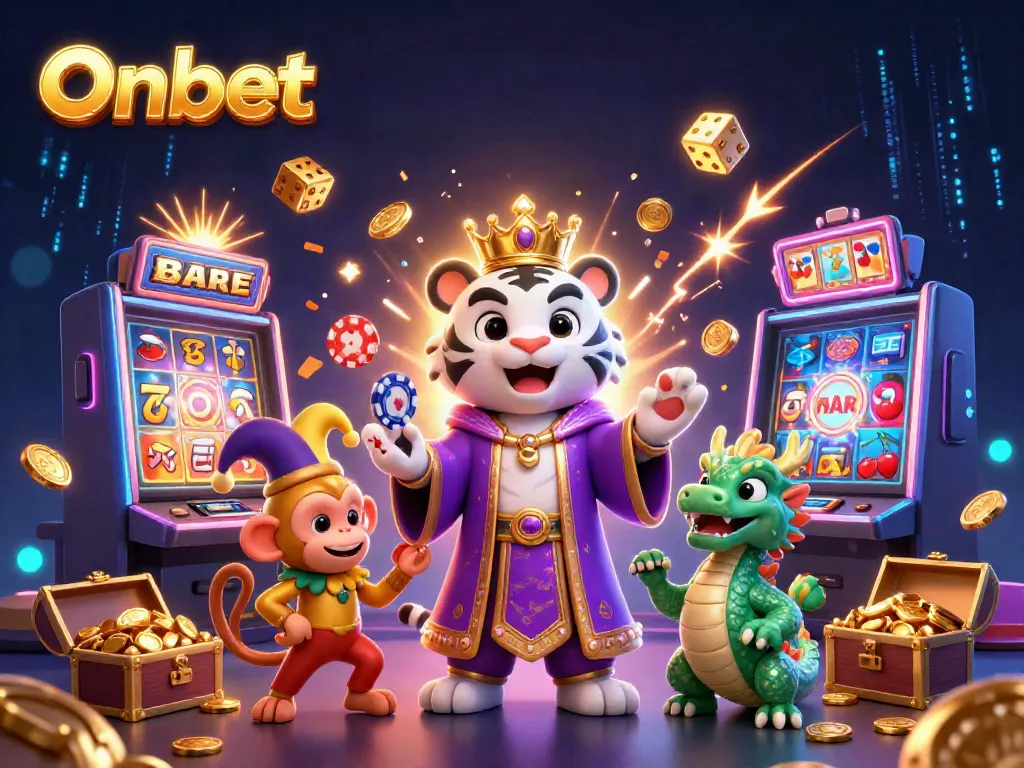 Experience the thrilling world of Onbet with a vibrant casino scene featuring a majestic white tiger and a playful monkey.