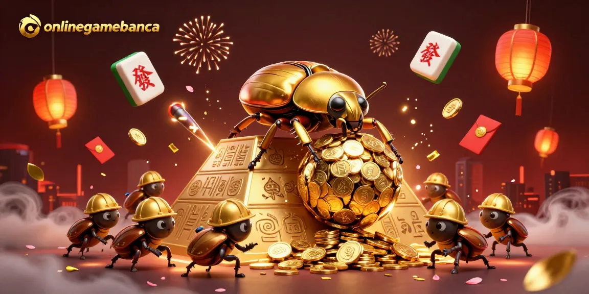 Experience thrilling action with onlinegamebanca as a golden beetle rolls coins up a pyramid in vibrant casino art.