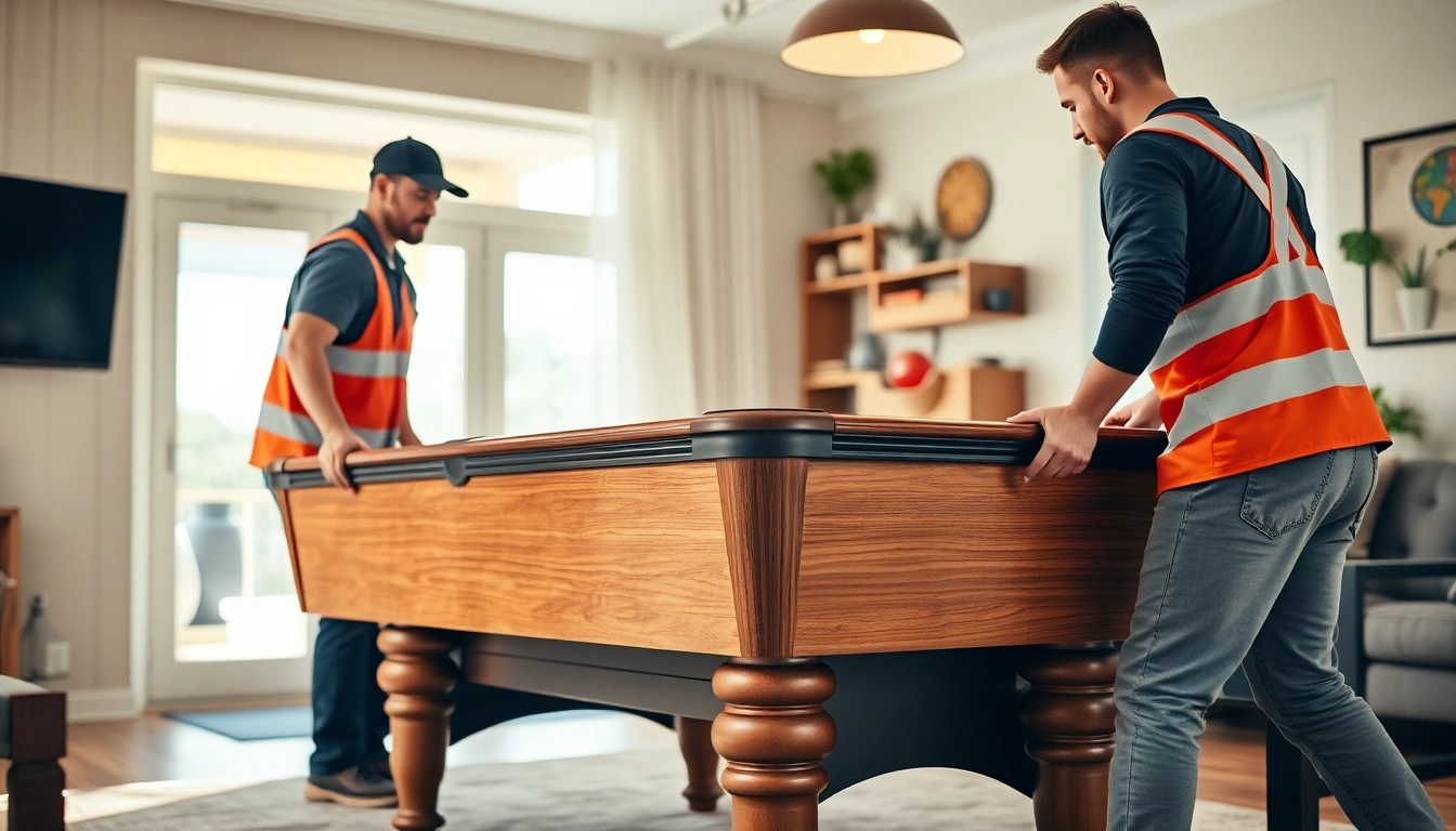 Reliable game table movers services showcasing professionals handling a pool table with care and precision.