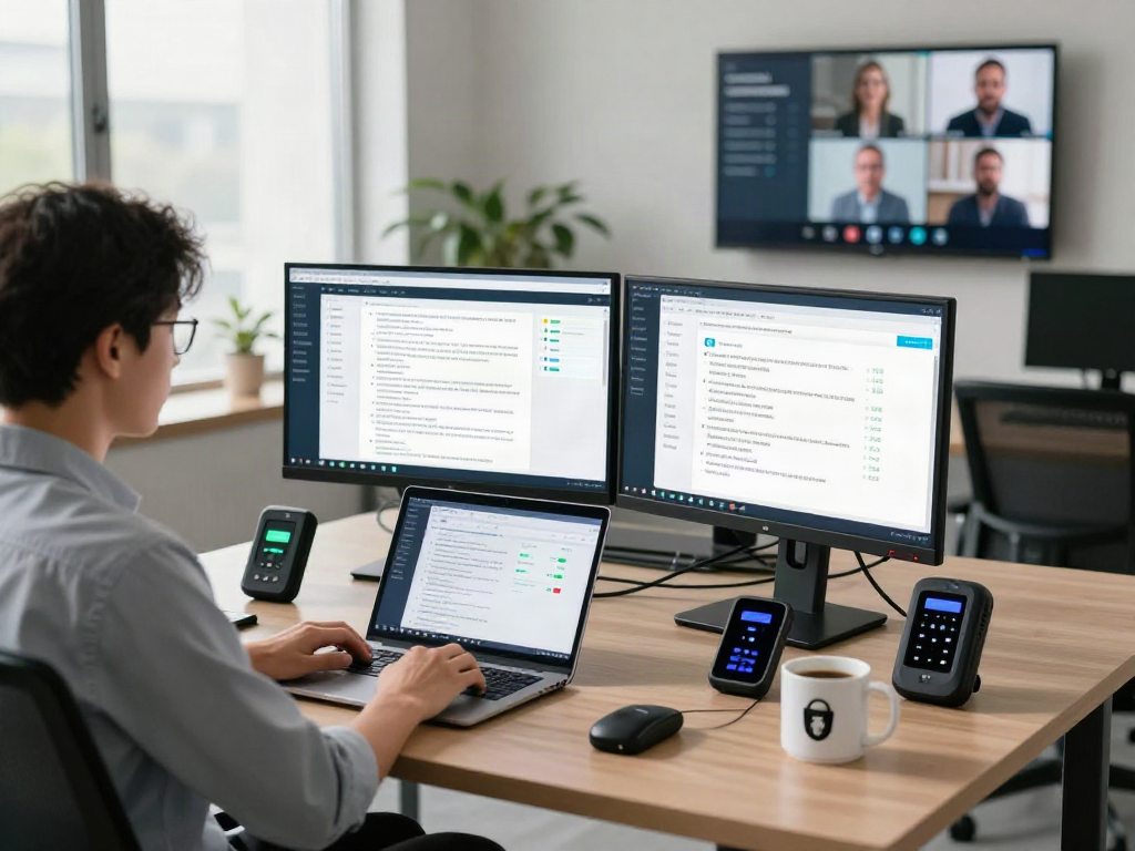 Cybersecurity analyst using document fraud detection software in a modern workspace, emphasizing real-time analytics and technology.