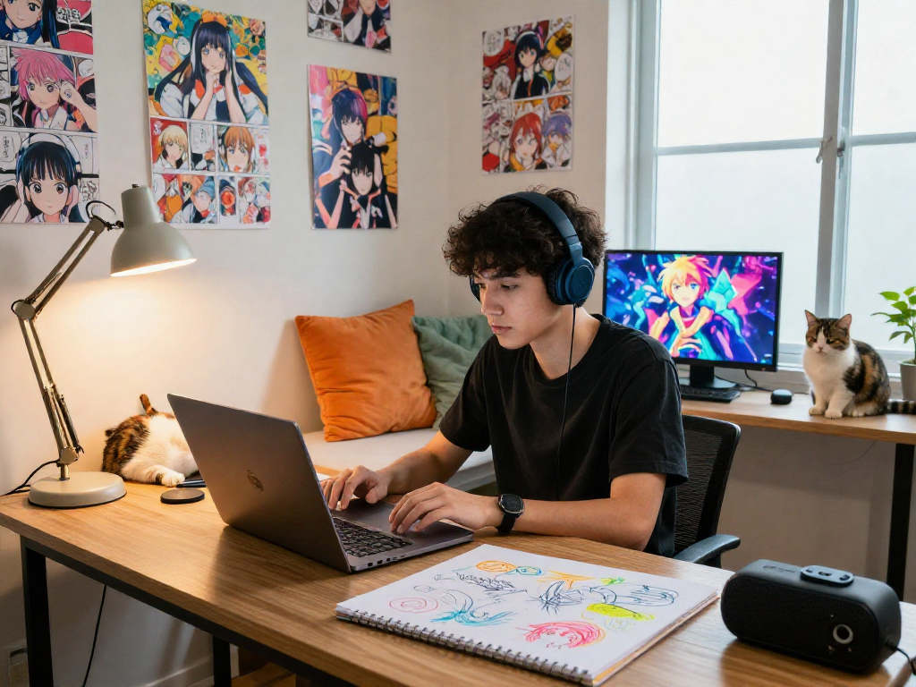 Engaging hentai chat experience in a cozy home office with manga art and a relaxed atmosphere.