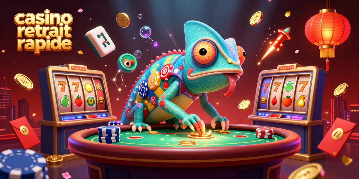 Célébrez le casino retrait rapide avec un joueur caméléon entouré de symboles de machine à sous dynamiques.