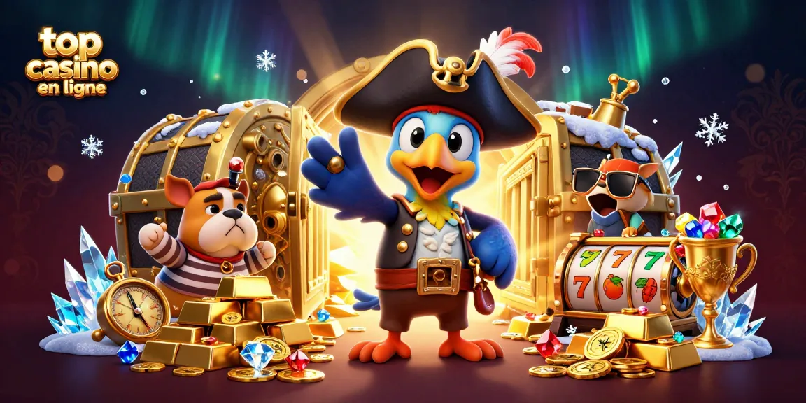 Découvrez le top casino en ligne avec des personnages animés entourés de trésors scintillants.